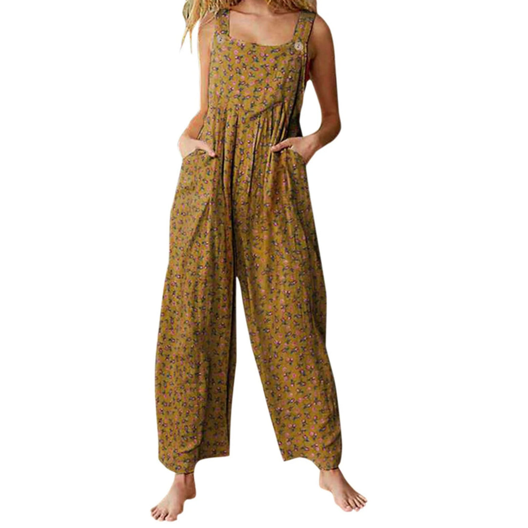 Mono corto casual y holgado para mujer, estilo bohemio, sin mangas, con cuello cuadrado y estampado floral.