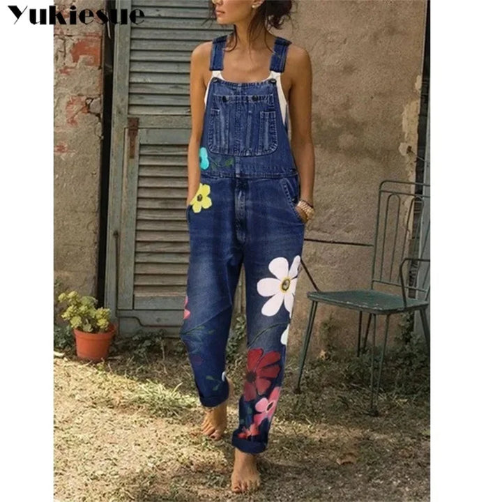 Mono vaquero sin mangas con estampado floral, estilo sexy tipo body, peto o enterizo de mezclilla para mujer y joven.