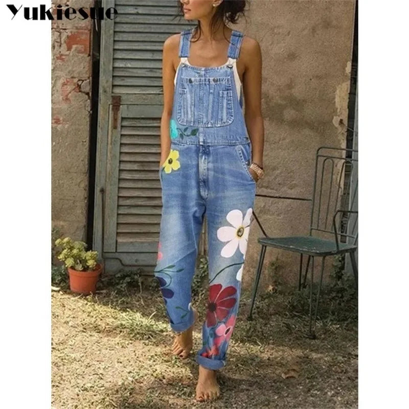 Mono vaquero sin mangas con estampado floral, estilo sexy tipo body, peto o enterizo de mezclilla para mujer y joven.