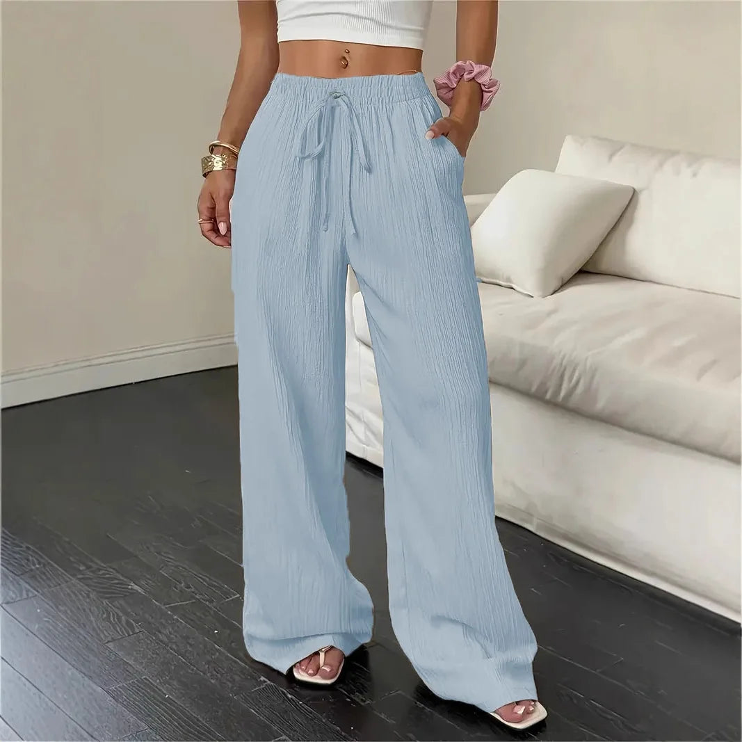 Pantalón Marelle™ de algodón y lino con cordón de ajuste y corte palazzo amplio