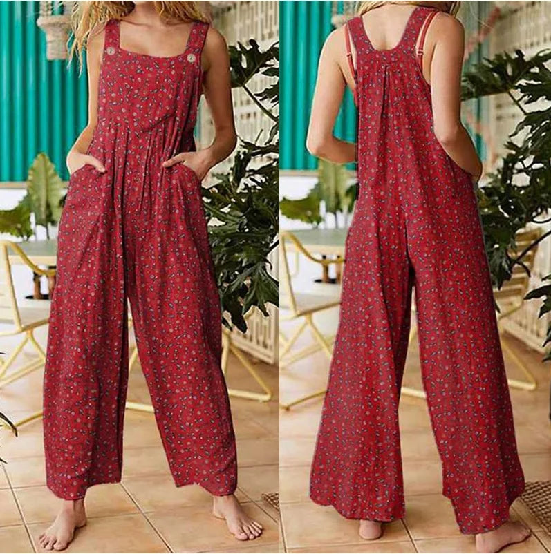 Mono corto casual y holgado para mujer, estilo bohemio, sin mangas, con cuello cuadrado y estampado floral.