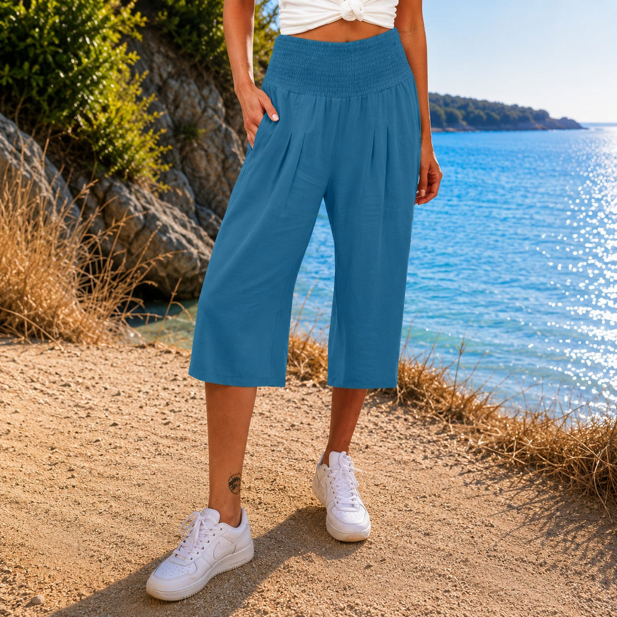 Pantalón capri Rosetta™ de algodón y lino, con elegante cintura fruncida