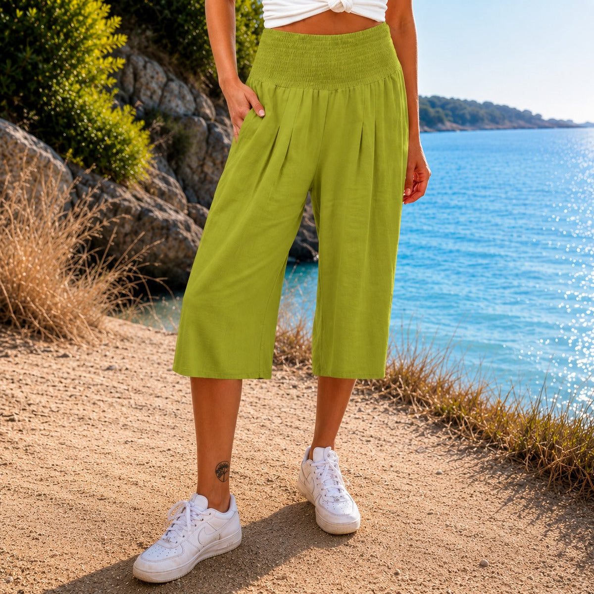 Pantalón capri Rosetta™ de algodón y lino, con elegante cintura fruncida