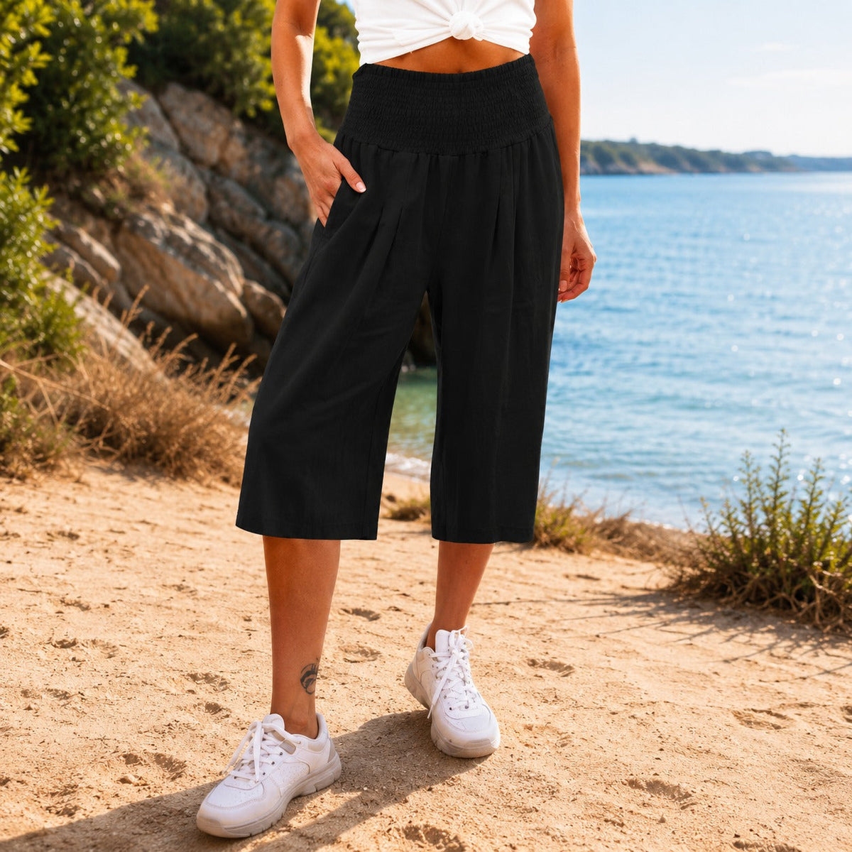 Pantalón capri Rosetta™ de algodón y lino, con elegante cintura fruncida