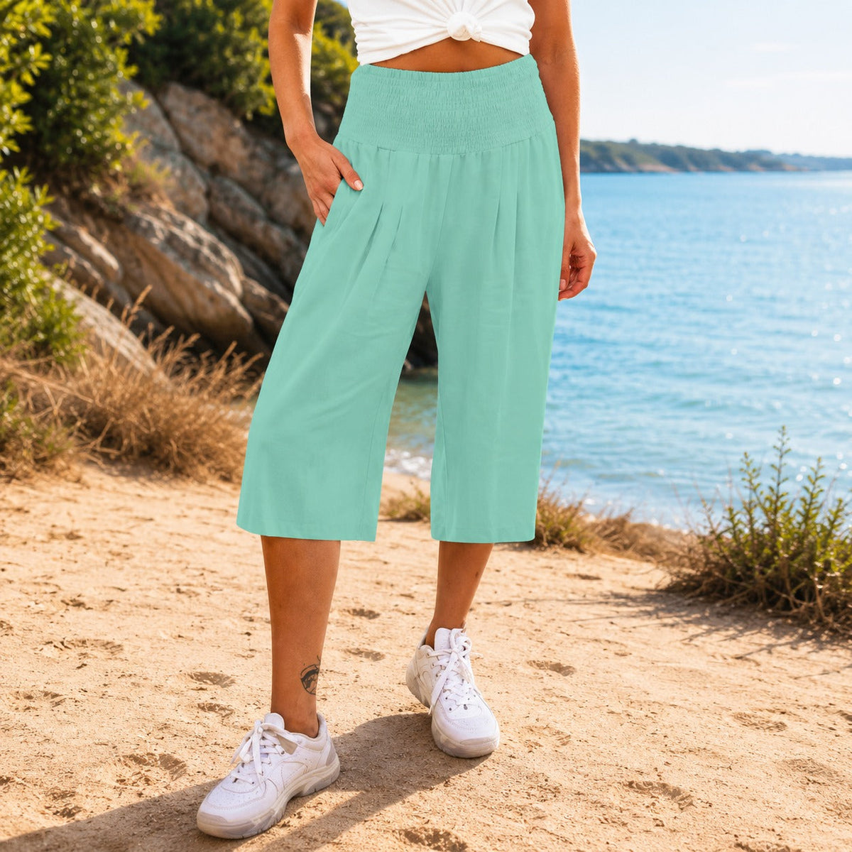 Pantalón capri Rosetta™ de algodón y lino, con elegante cintura fruncida