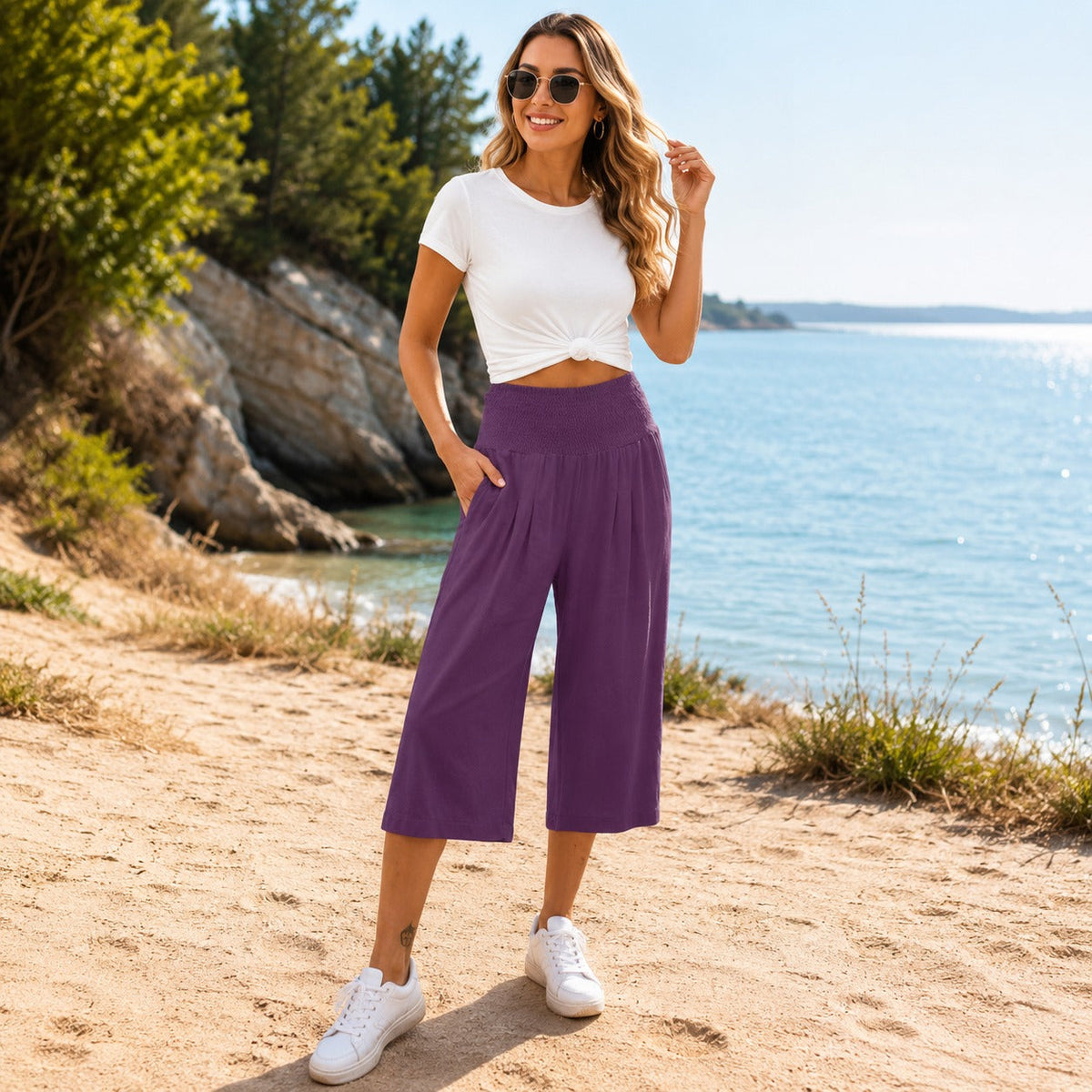 Pantalón capri Rosetta™ de algodón y lino, con elegante cintura fruncida