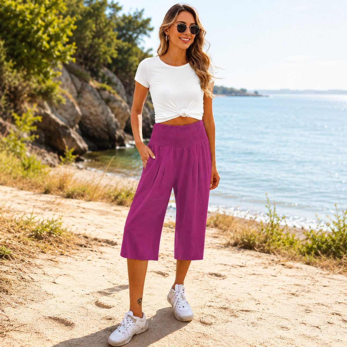 Pantalón capri Rosetta™ de algodón y lino, con elegante cintura fruncida