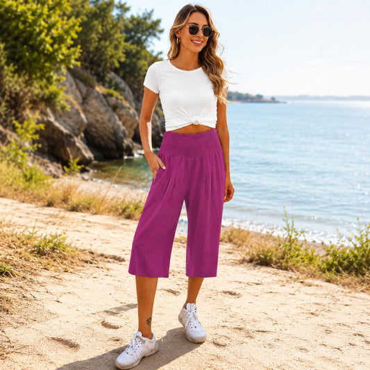 Pantalón capri Rosetta™ de algodón y lino, con elegante cintura fruncida