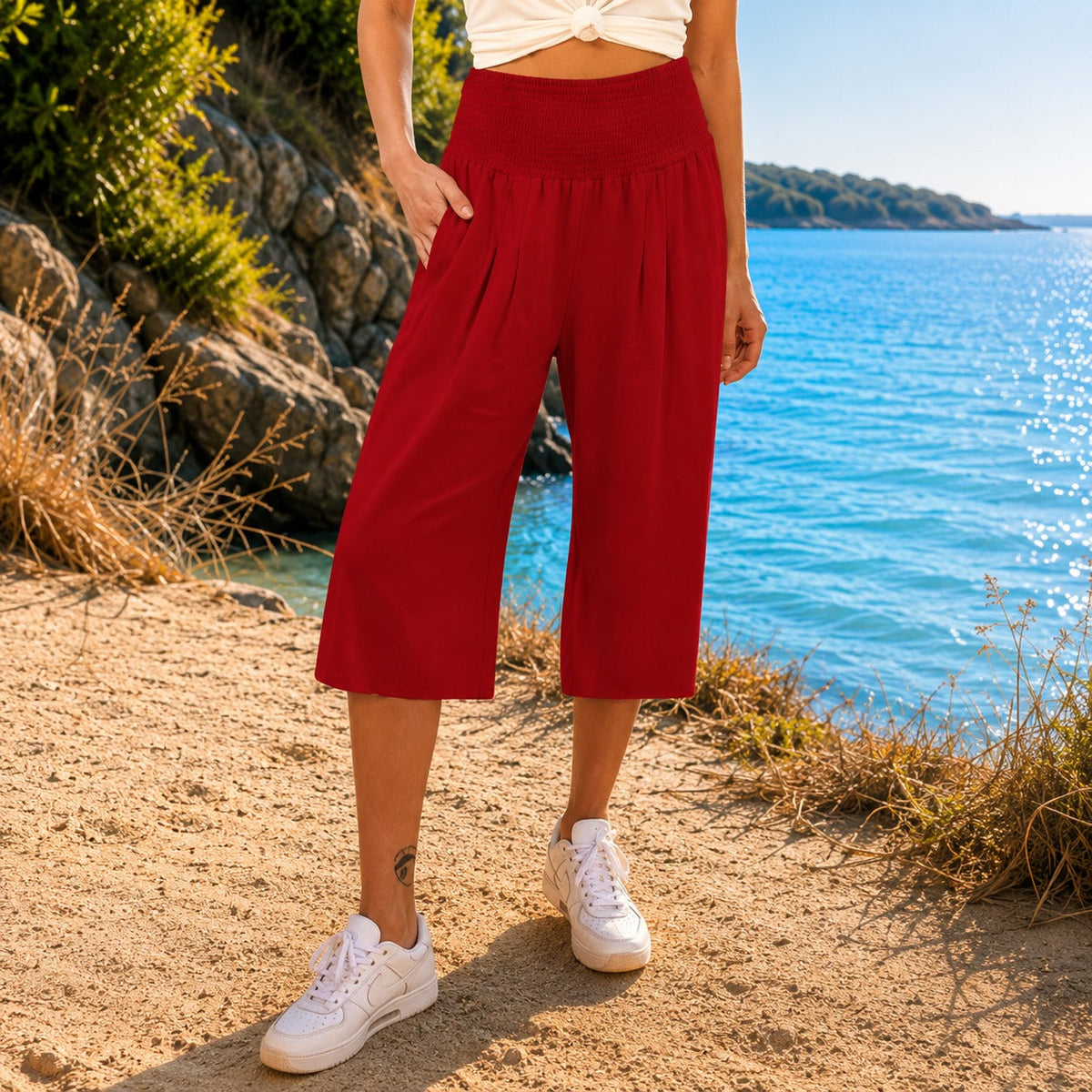 Pantalón capri Rosetta™ de algodón y lino, con elegante cintura fruncida