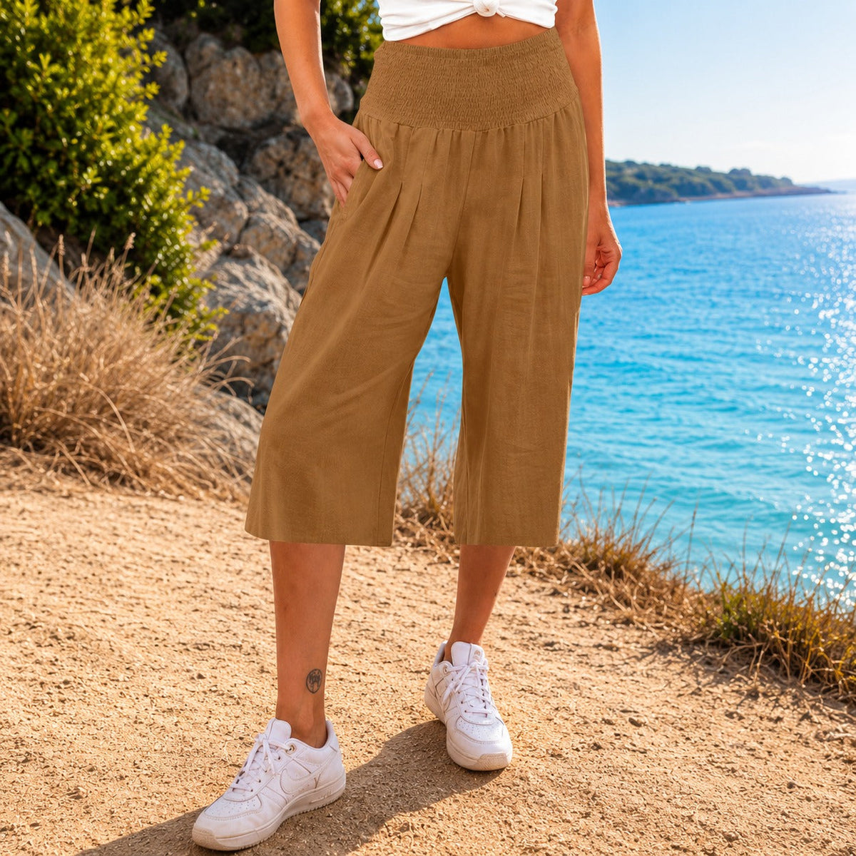 Pantalón capri Rosetta™ de algodón y lino, con elegante cintura fruncida
