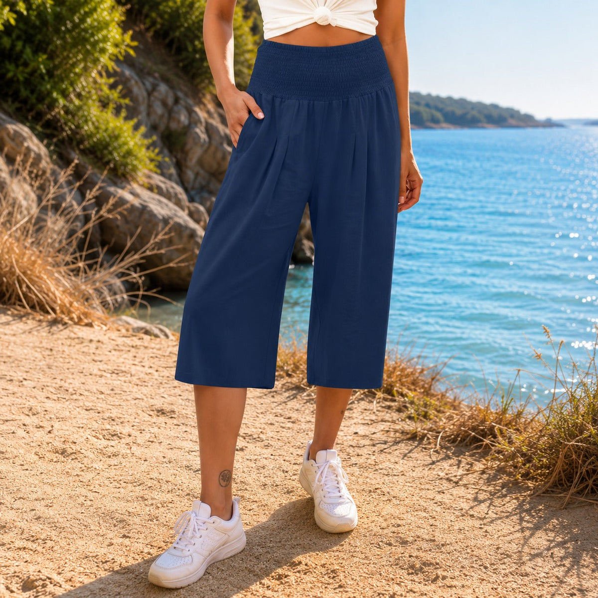 Pantalón capri Rosetta™ de algodón y lino, con elegante cintura fruncida