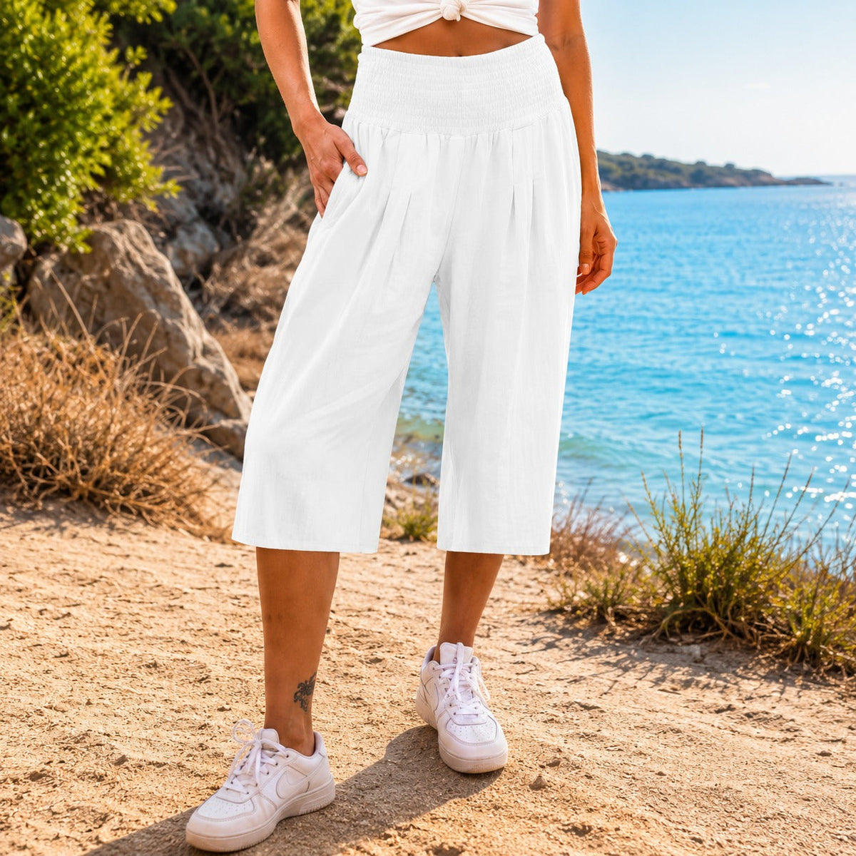 Pantalón capri Rosetta™ de algodón y lino, con elegante cintura fruncida