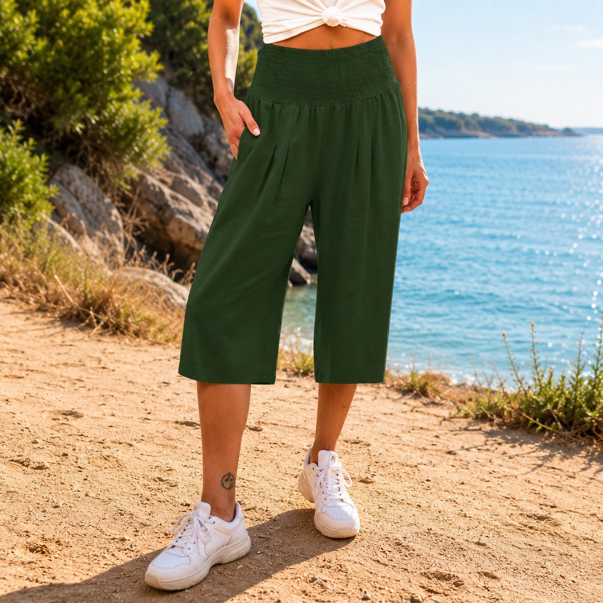 Pantalón capri Rosetta™ de algodón y lino, con elegante cintura fruncida