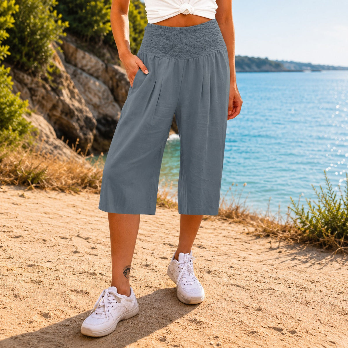 Pantalón capri Rosetta™ de algodón y lino, con elegante cintura fruncida
