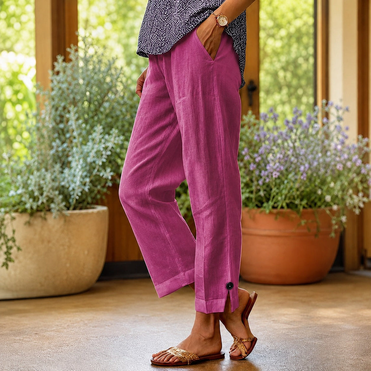 Pantalón Sylvie™ de algodón y lino con dobladillo lateral abierto