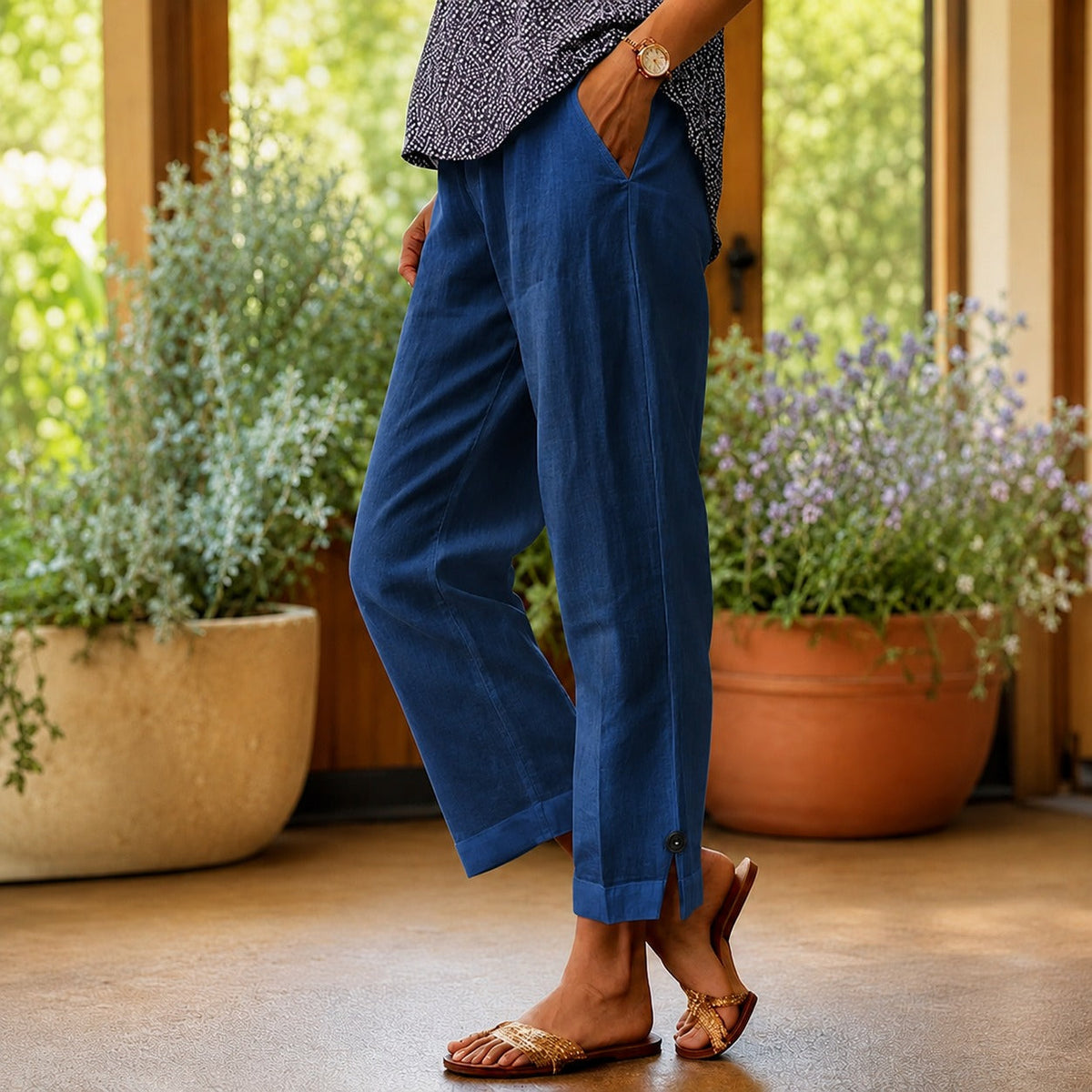 Pantalón Sylvie™ de algodón y lino con dobladillo lateral abierto