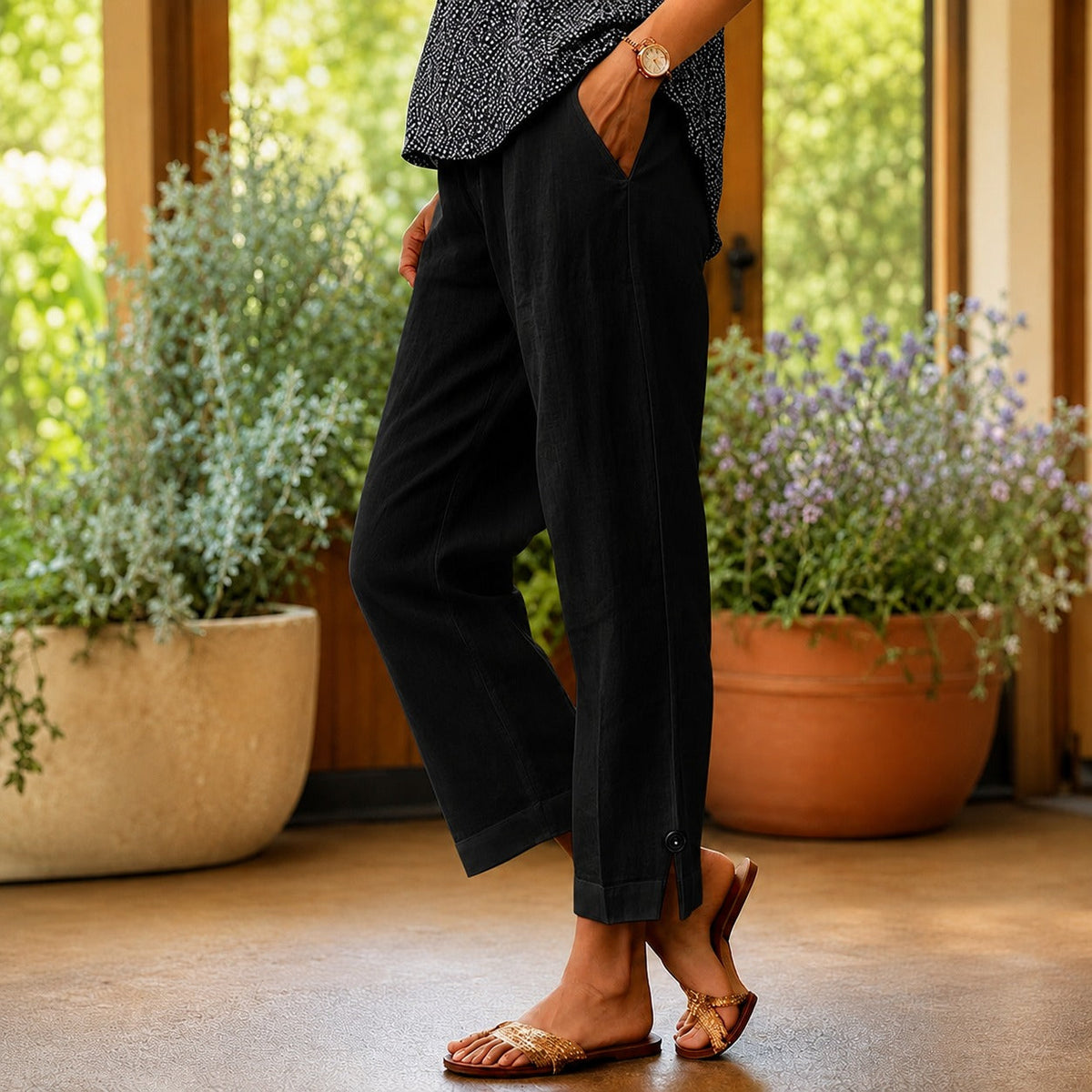 Pantalón Sylvie™ de algodón y lino con dobladillo lateral abierto