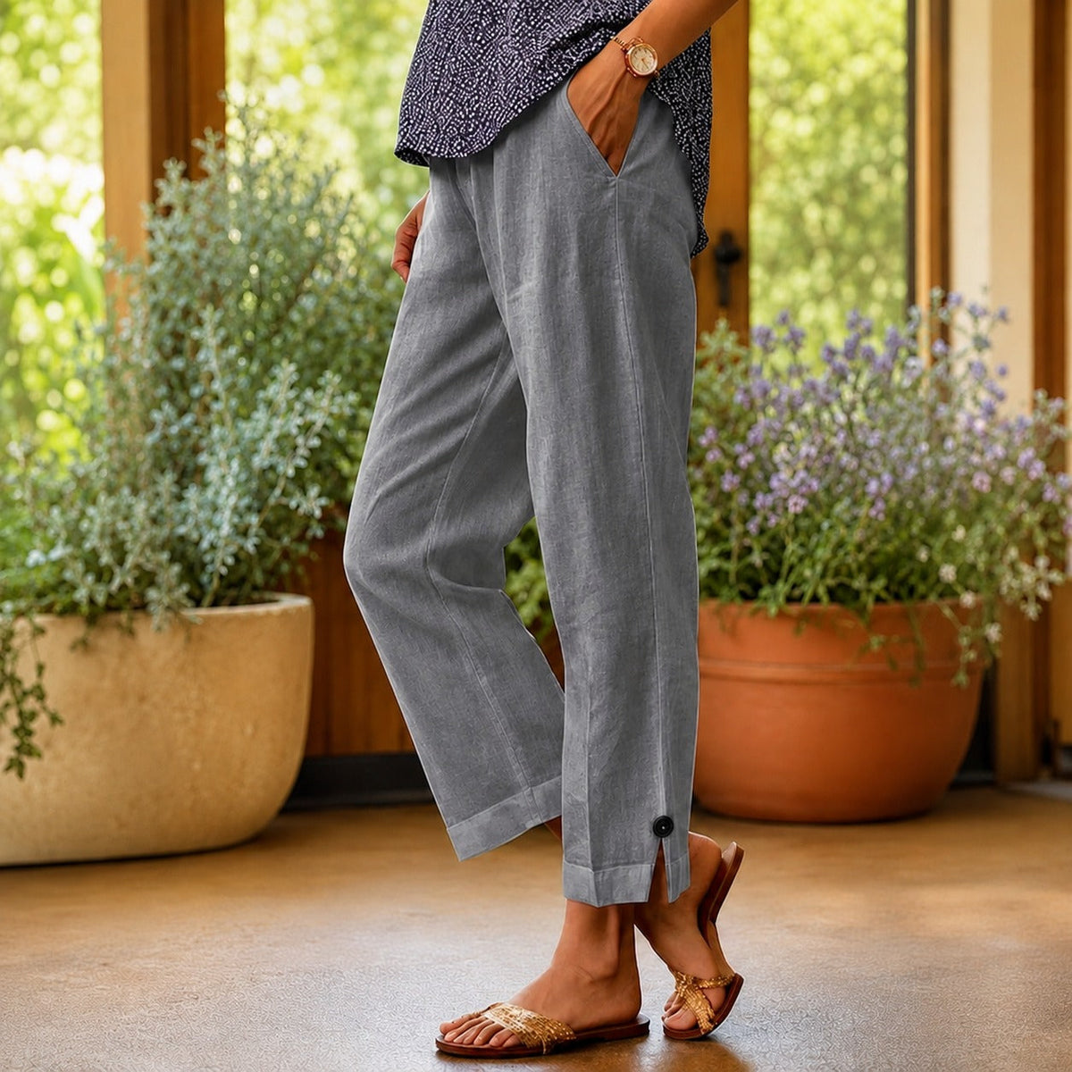 Pantalón Sylvie™ de algodón y lino con dobladillo lateral abierto