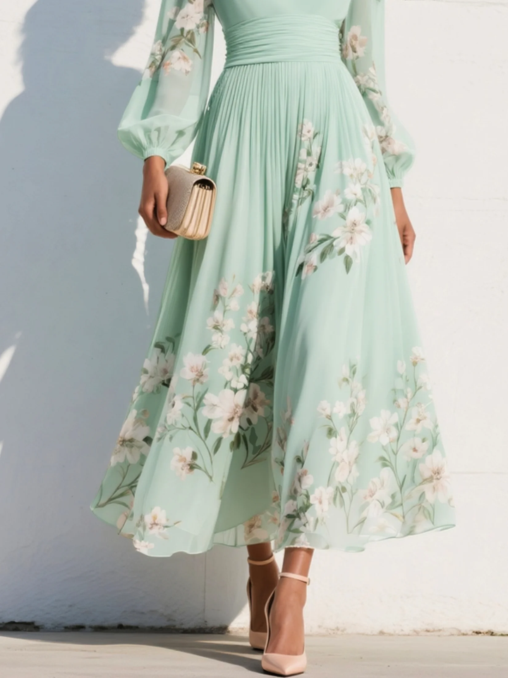 Cisella | Vestido midi verde claro con estampado floral