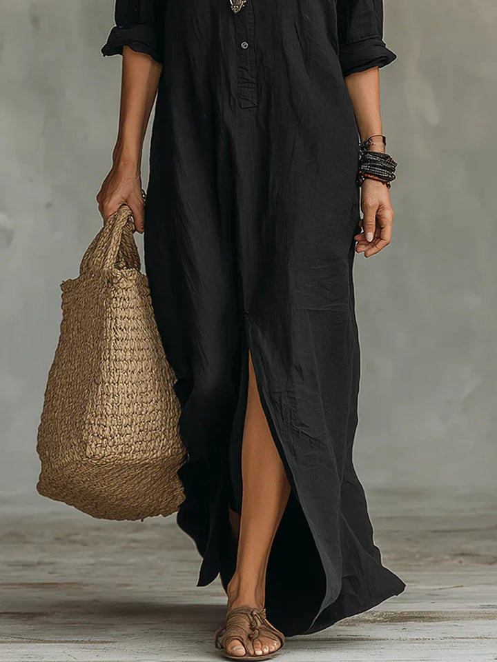 Céline™ | Vestido largo negro holgado con botones