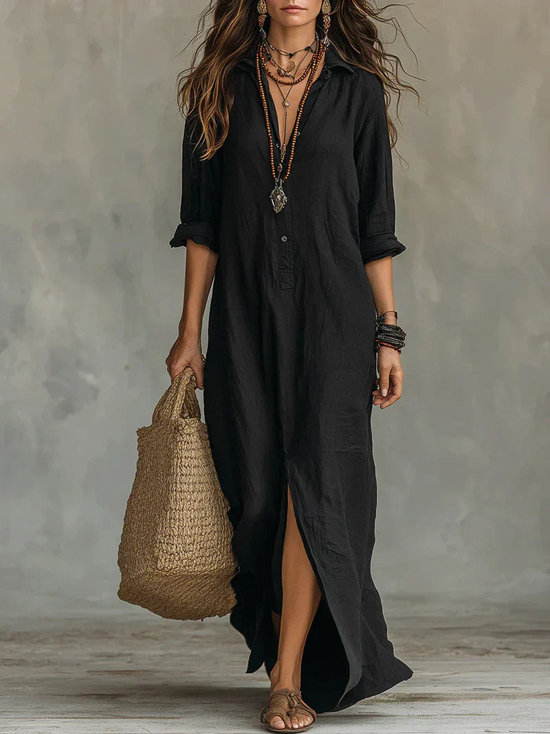 Céline™ | Vestido largo negro holgado con botones