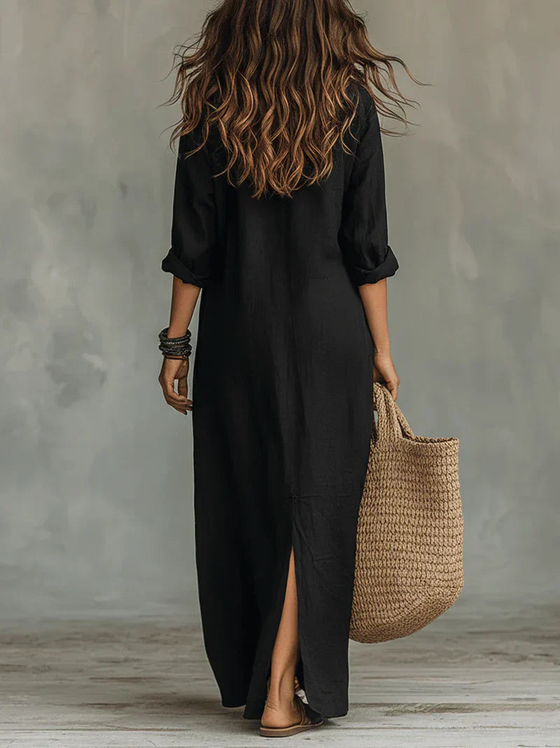 Céline™ | Vestido largo negro holgado con botones