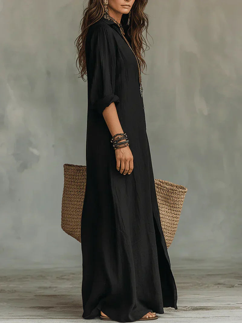 Céline™ | Vestido largo negro holgado con botones