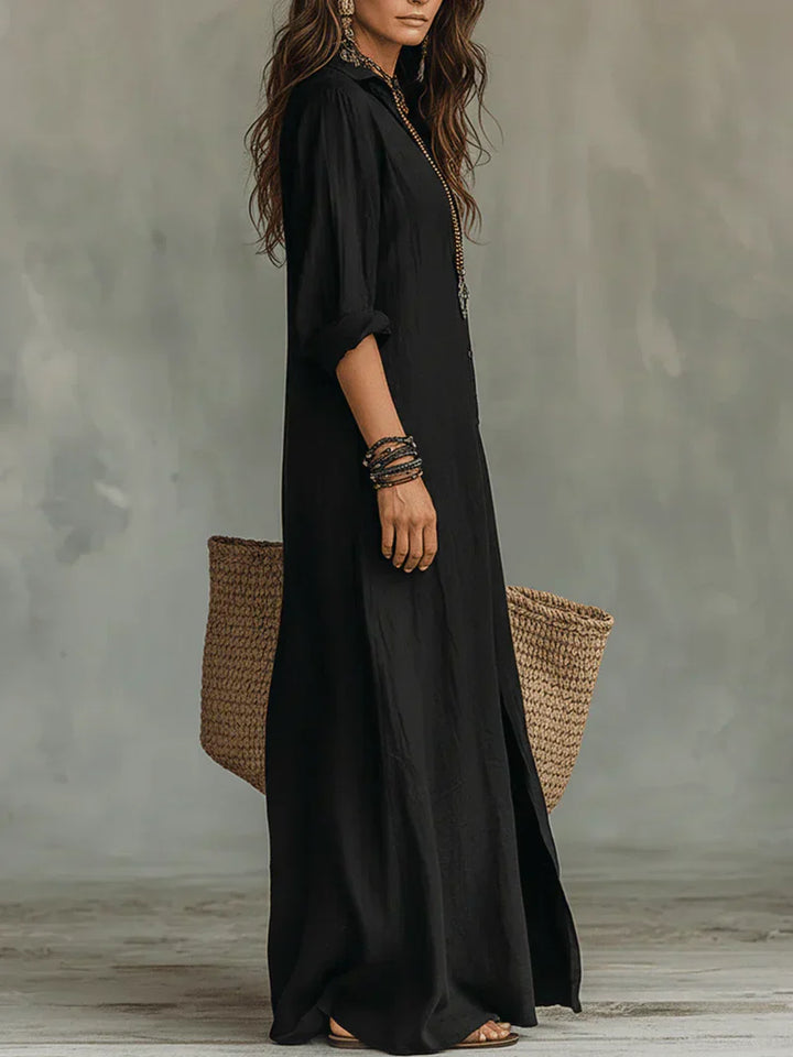 Céline™ | Vestido largo negro holgado con botones