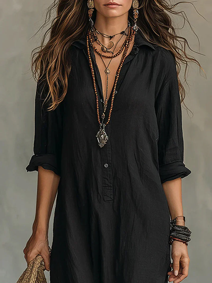 Céline™ | Vestido largo negro holgado con botones