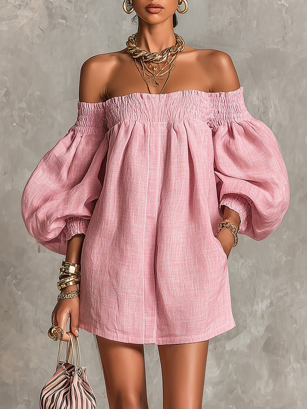 Valeria | Vestido Mini Rosa de Silueta Trapecio con Mangas Farol