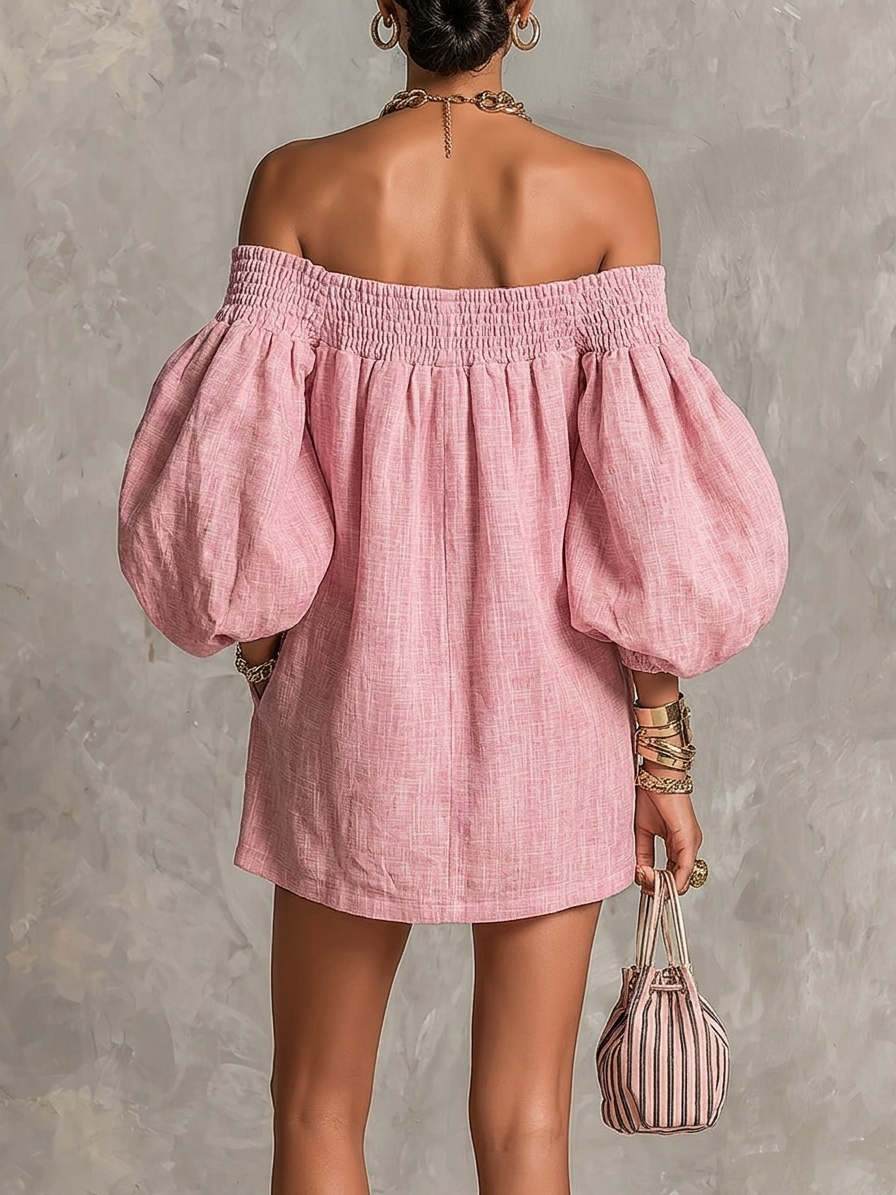 Valeria | Vestido Mini Rosa de Silueta Trapecio con Mangas Farol