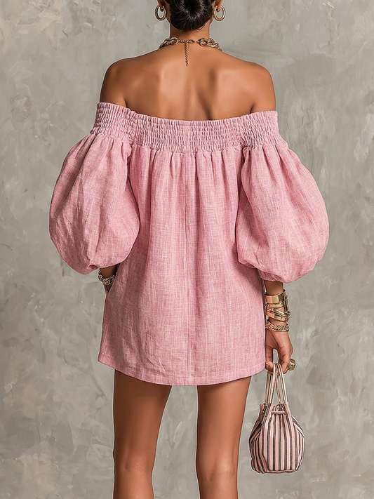 Valeria | Vestido Mini Rosa de Silueta Trapecio con Mangas Farol