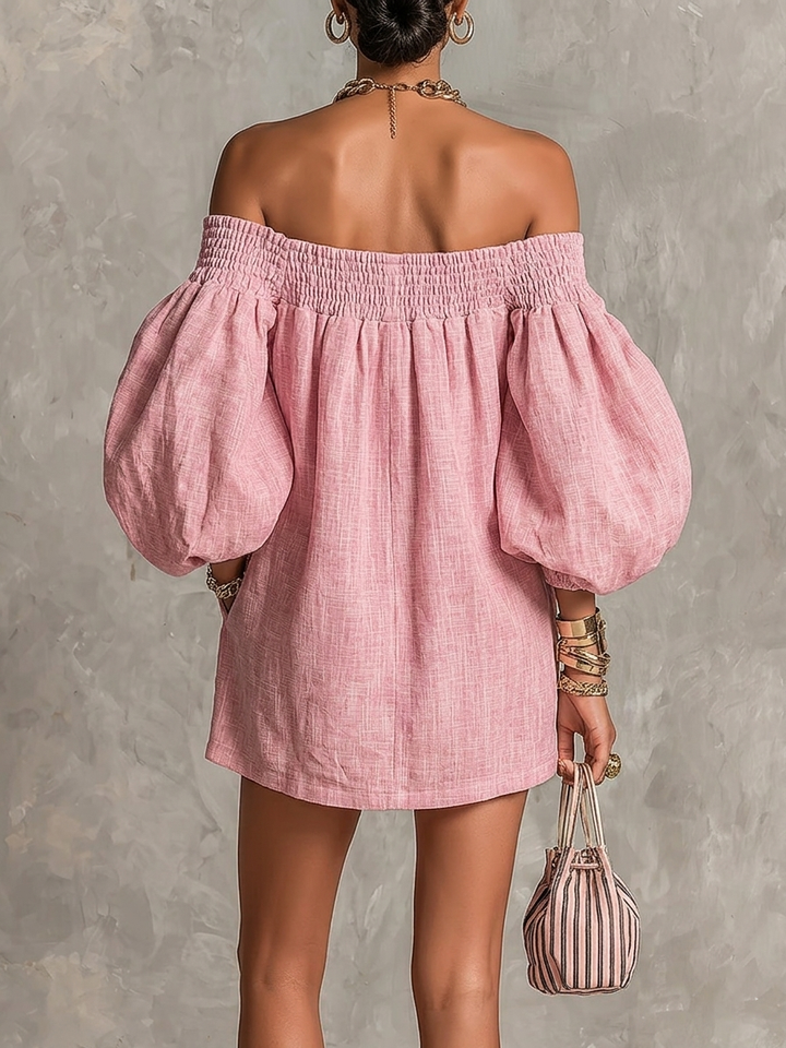 Valeria | Vestido Mini Rosa de Silueta Trapecio con Mangas Farol