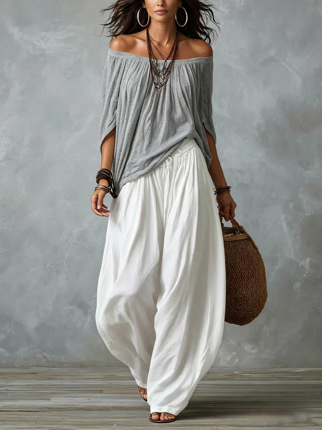 Luna · Conjunto de hombros descubiertos y pantalón fluido