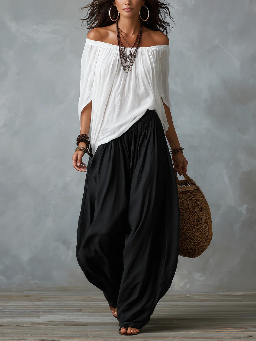 Luna · Conjunto de hombros descubiertos y pantalón fluido