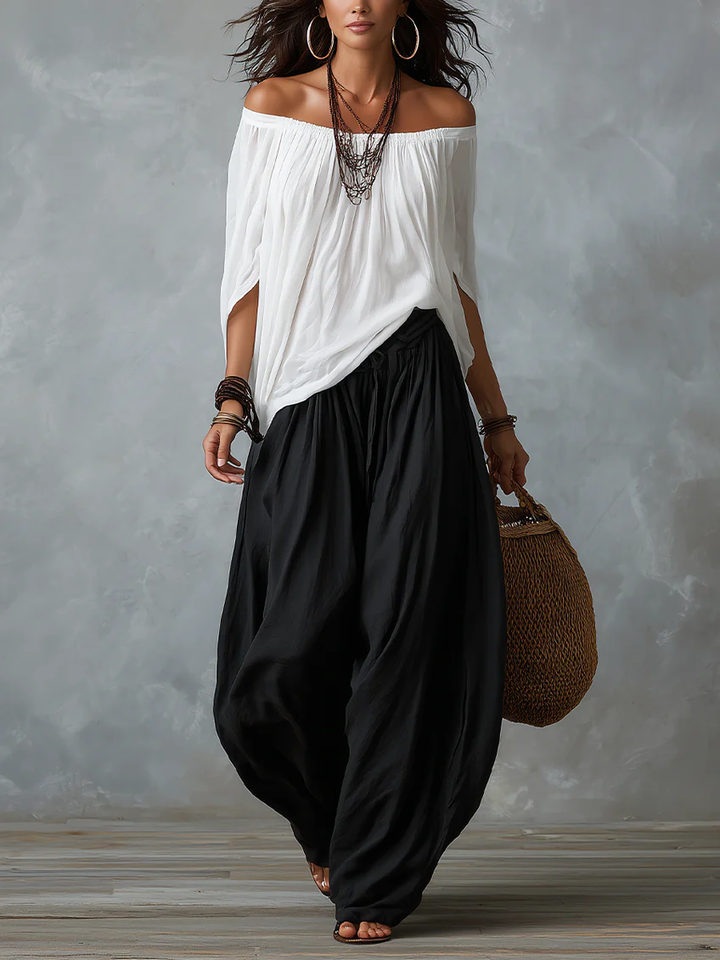 Luna · Conjunto de hombros descubiertos y pantalón fluido