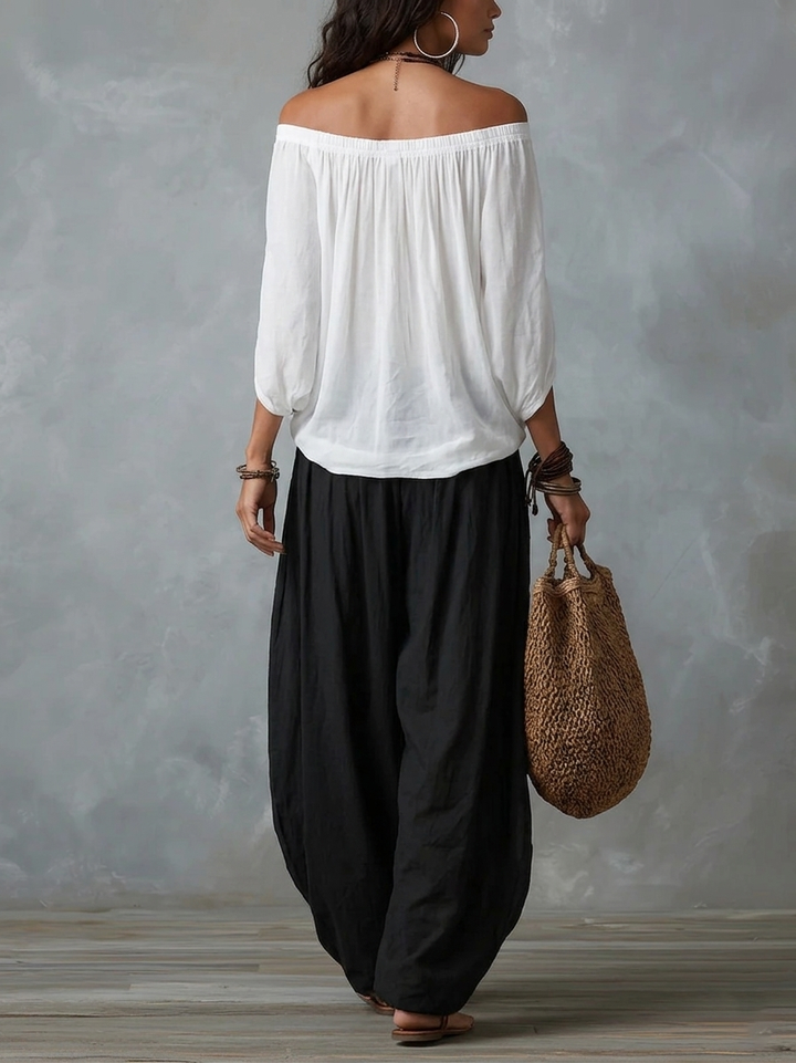 Luna · Conjunto de hombros descubiertos y pantalón fluido