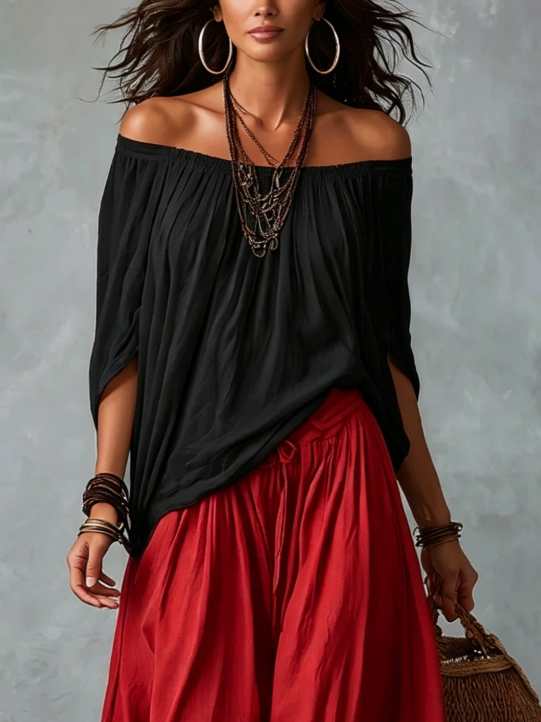 Luna · Conjunto de hombros descubiertos y pantalón fluido