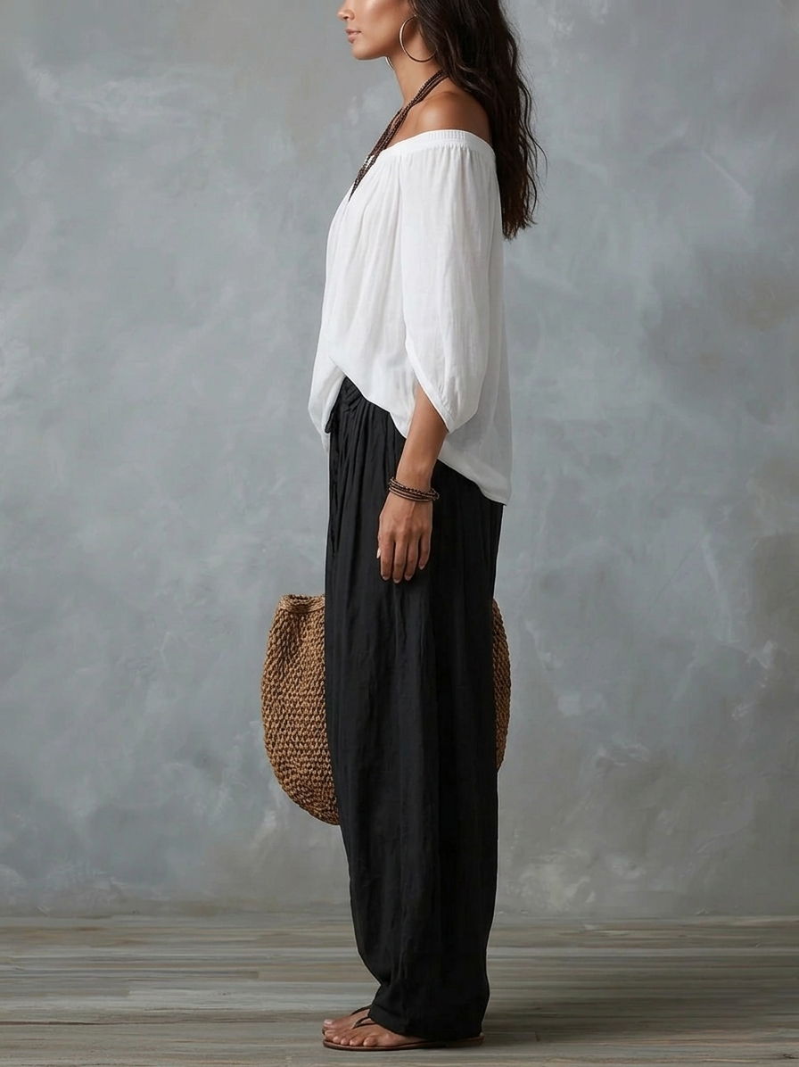 Luna · Conjunto de hombros descubiertos y pantalón fluido