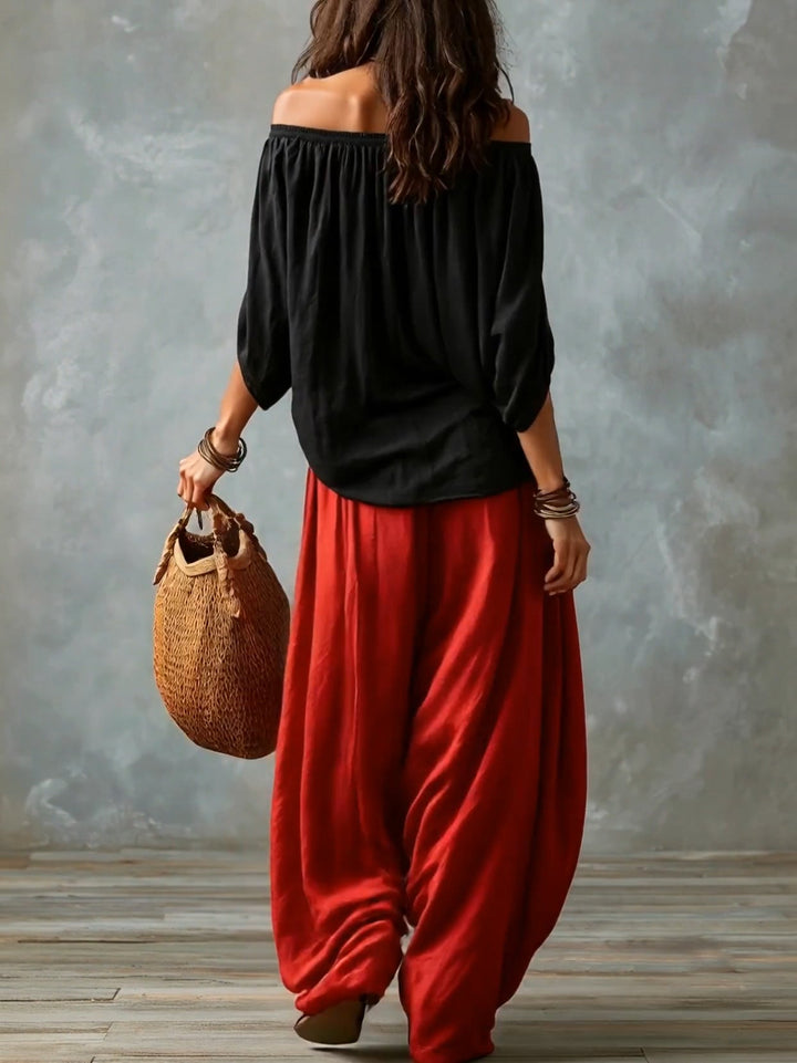 Luna · Conjunto de hombros descubiertos y pantalón fluido
