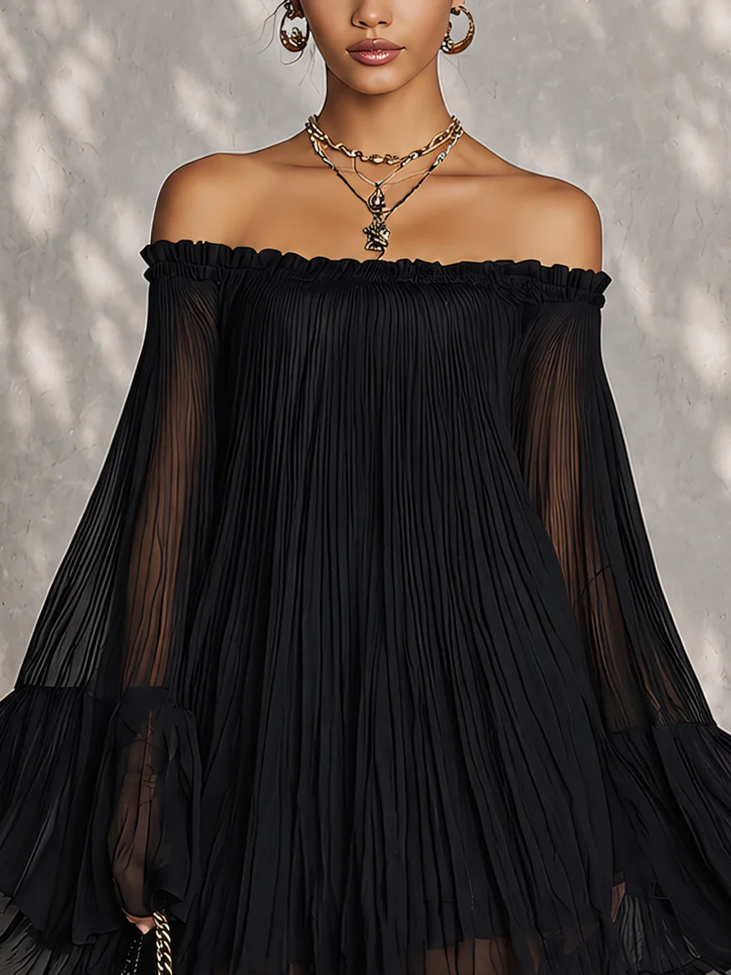Olivia | Vestido Mini Negro con Mangas Acampanadas y Hombros Descubiertos Fruncidos