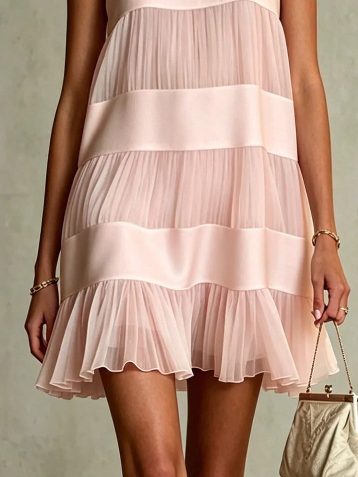 Estrella Vestido Mini de Chiffon Rosa Claro Plisado con Diseño de Capas y Patchwork