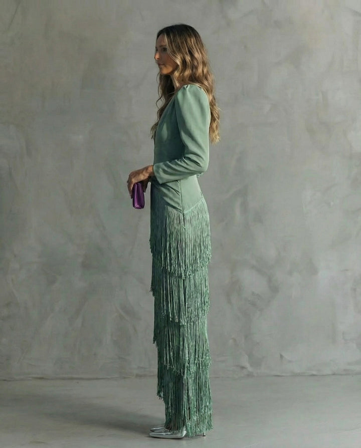 Chiara | Vestido elegante con mangas de flecos