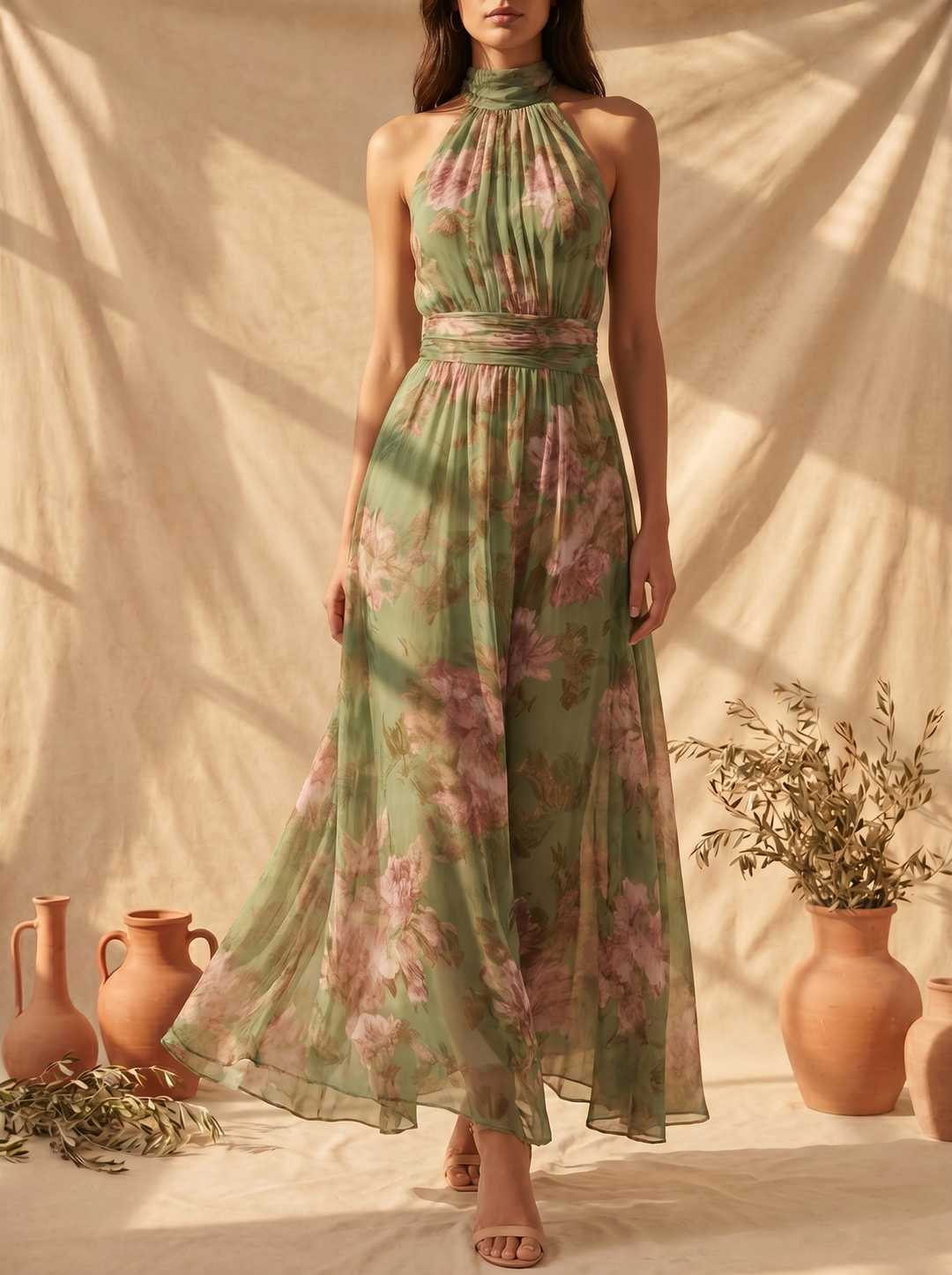 Livia | Vestido Maxi Halter Estampado Floral Elegante