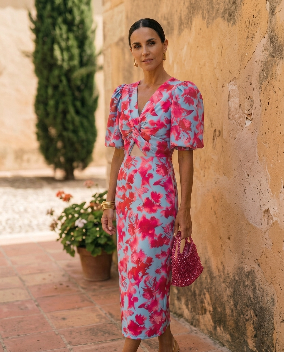 Carla | Vestido Midi Estampado con Mangas Abullonadas