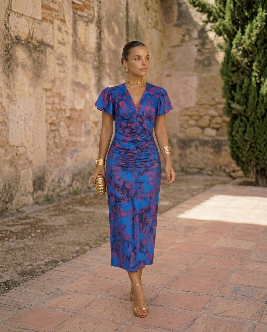 Carla | Vestido Midi Estampado con Mangas Abullonadas