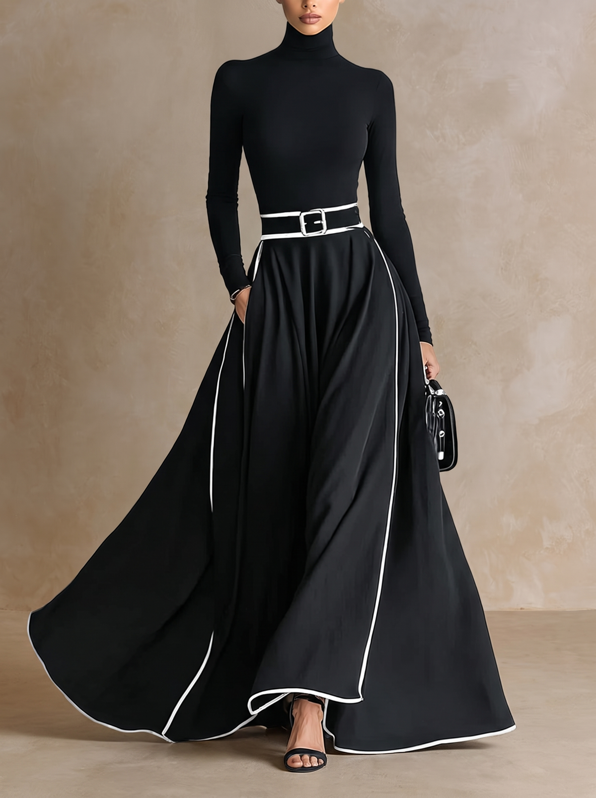Nicole | Vestido maxi de mujer negro con costuras blancas, cuello alto, mangas largas y cintura entallada
