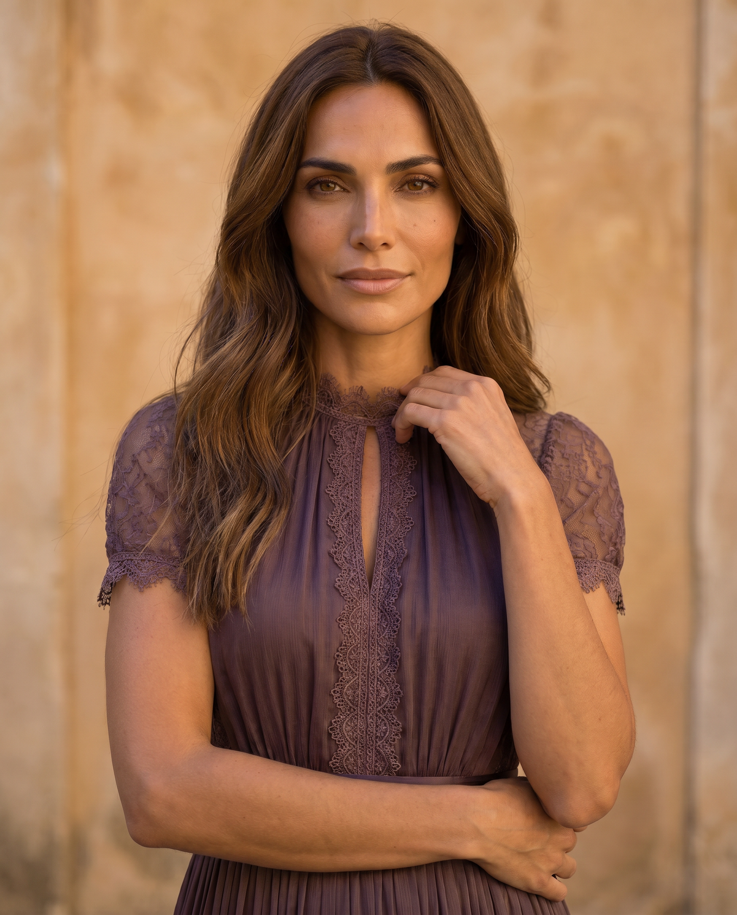 Flavia | Vestido largo morado con escote en forma de llave, borde de encaje de chiffon