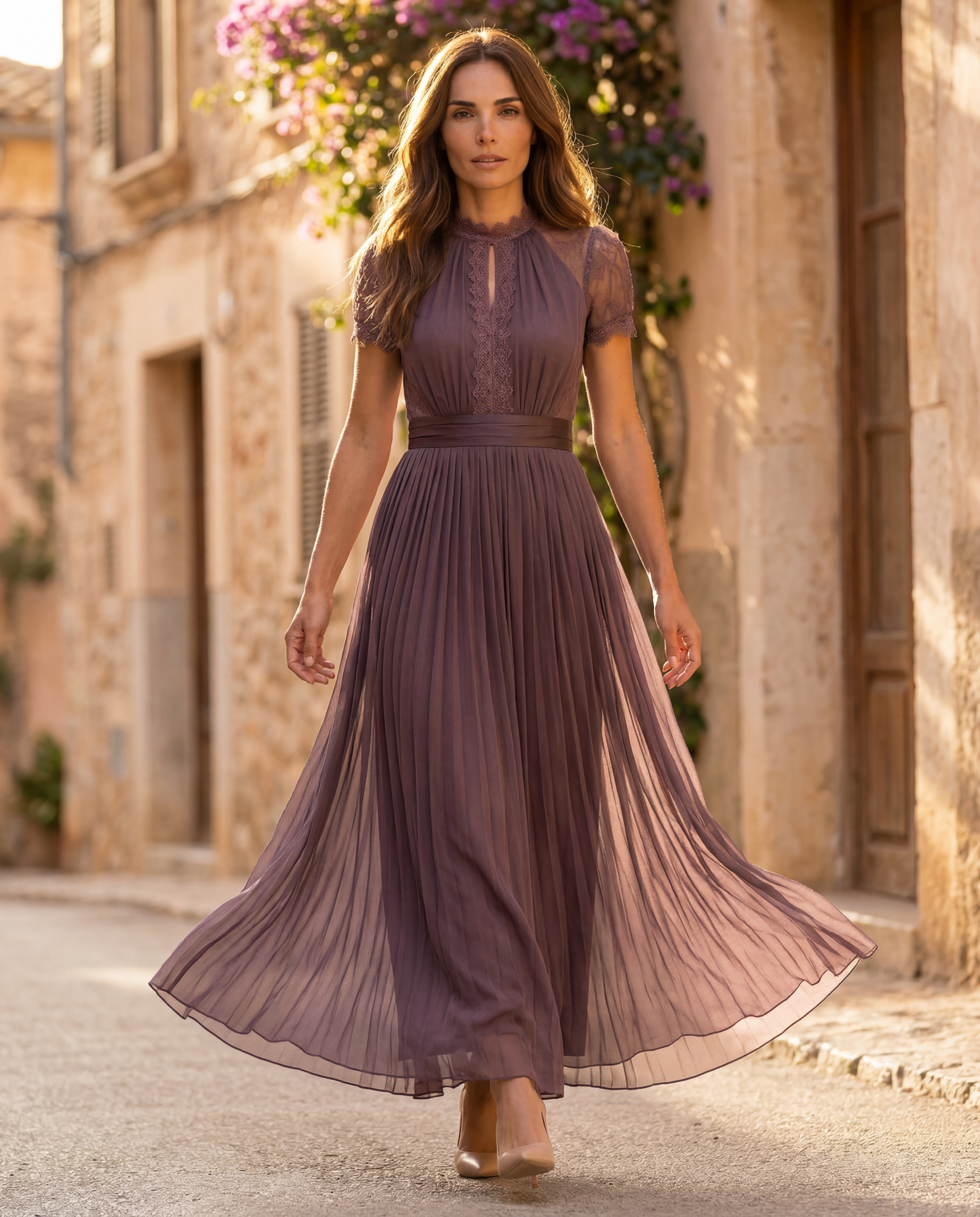 Flavia | Vestido largo morado con escote en forma de llave, borde de encaje de chiffon