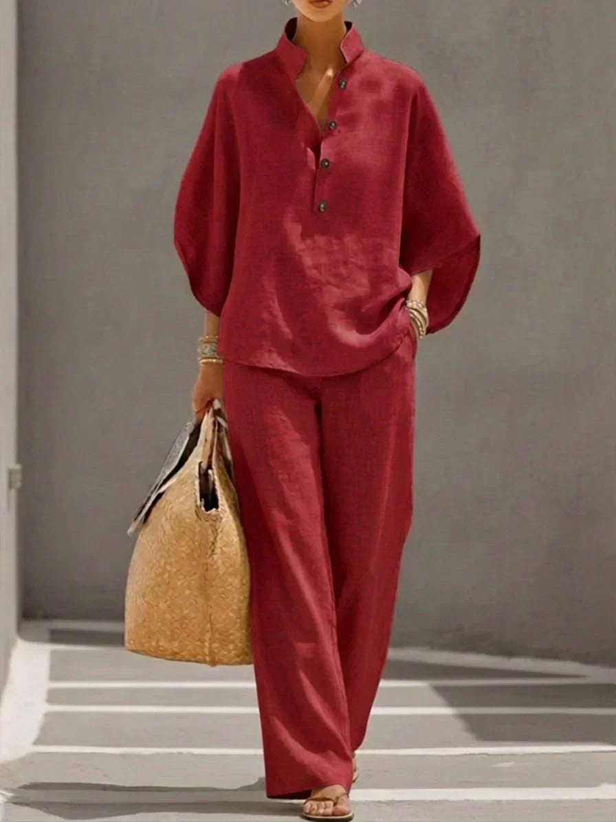 Maribel | Conjunto de lino con mangas tipo murciélago y pantalones anchos